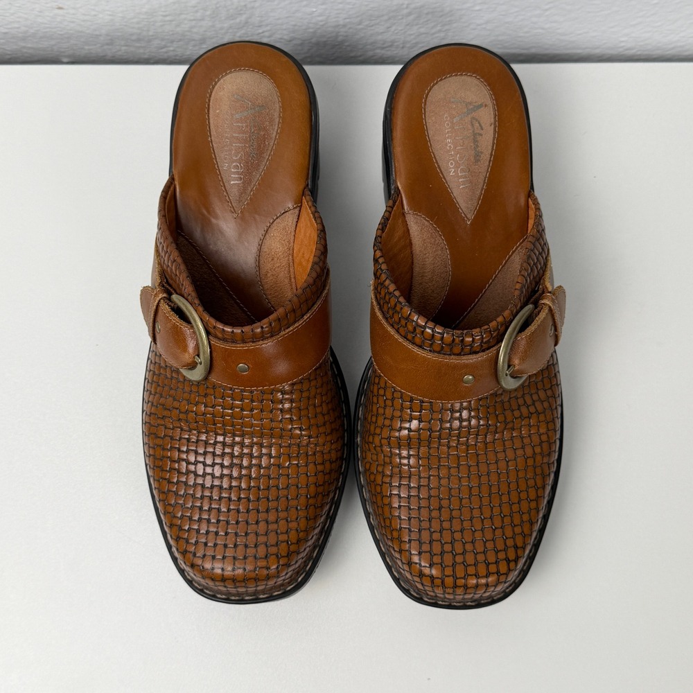 Clarks Artisan Mules Woven Leather Buckle 7.5M Brown Wedge Clogs - Picture 10 of 14